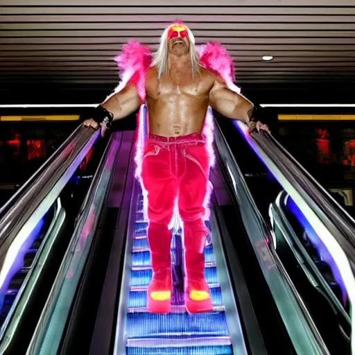 Image similar to bioluminescent hulk hogan in the darkness on an escalator