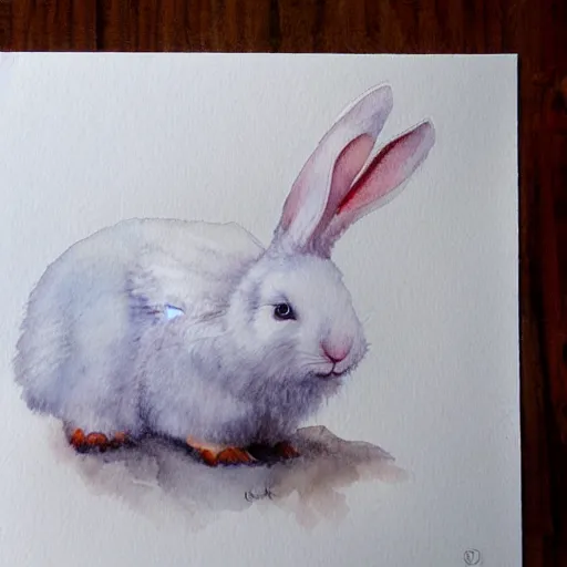 Image similar to a white rabbit with beautiful angelic white wings, smiling, watercolour realistic