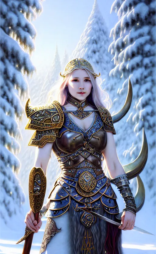 Image similar to opal viking warrior, regal, elegant, winter, snow, beautiful, stunning, hd, illustration, epic, d & d, fantasy, intricate, elegant, highly detailed, wide angle, digital painting, artstation, concept art, smooth, sharp focus, illustration, wallpaper, art by artgerm and greg rutkowski and alphonse mucha and jin xiaodi