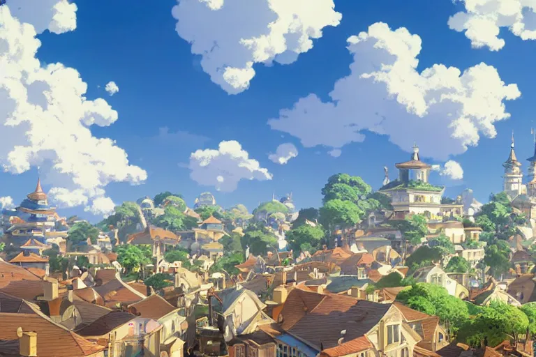 Prompt: a wholesome animation key shot of a traditional city with tiled roofs, architecture, very detailed, medium shot, studio ghibli, pixar and disney animation, sharp, rendered in unreal engine 5, anime key art by greg rutkowski, bloom, dramatic lighting, blue sky with clouds