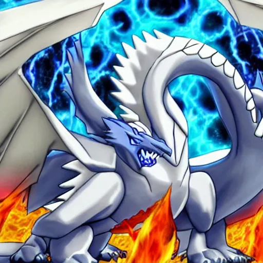 Prompt: Blue-Eyes White Dragon in a pokemon battle with charizard, a still from the pokemon and Yu-Gi-Oh! crossover episode