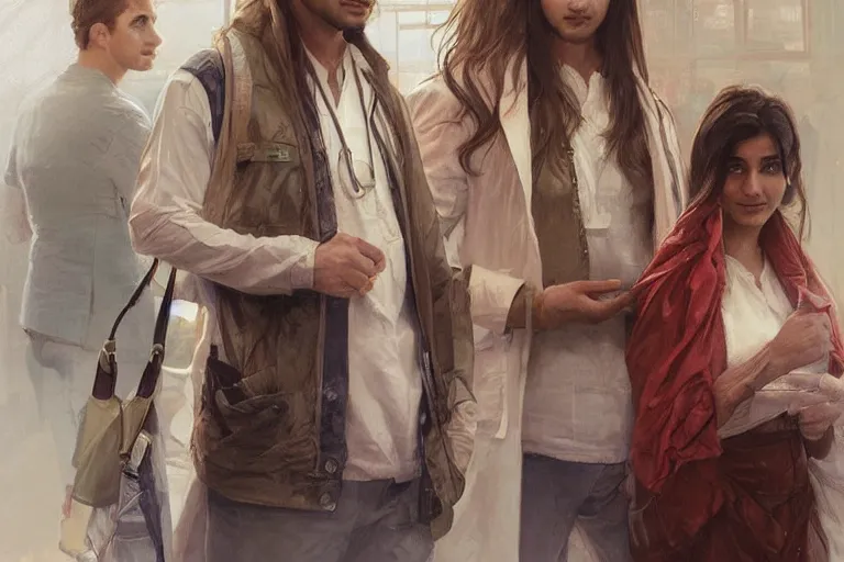 Image similar to Anxious good looking pale young Indian doctors wearing American clothes at the airport, portrait, elegant, intricate, digital painting, artstation, concept art, smooth, sharp focus, illustration, art by artgerm and greg rutkowski and alphonse mucha