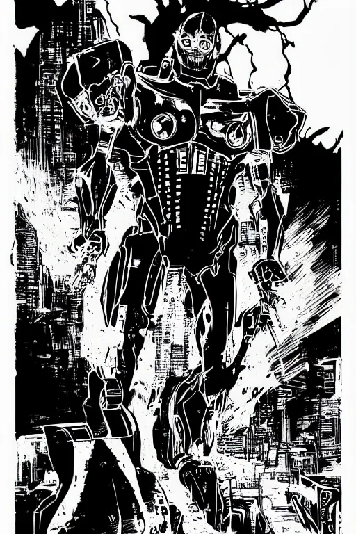 Image similar to ultron, a page from cyberpunk 2 0 2 0, style of paolo parente, style of mike jackson, 1 9 9 0 s comic book style, white background, ink drawing, black and white
