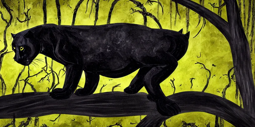 Prompt: a panther, made of smooth black goo, prowling through the forest, viscous, sticky, full of tar, covered with black goo. concept art, painting, animal drawing, color, savanna, wildlife photography, black goo, cinematic, in the style of research drawings