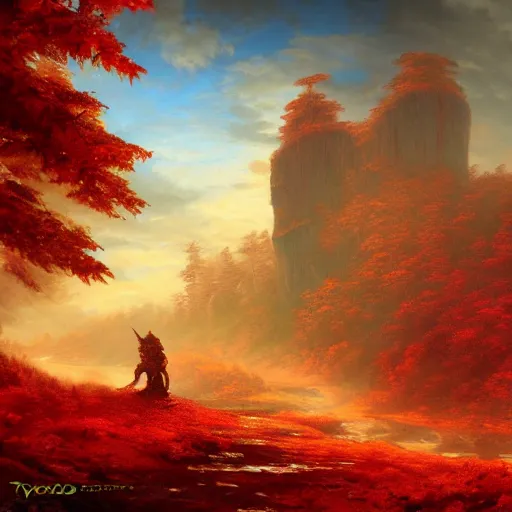 Prompt: red autumn forests with a single giant derelict copper warrior statue, fantasy concept art by tyler edlin, antoine blanchard, thomas cole