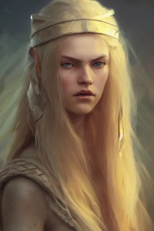 Prompt: ultra detailed beautiful female viking, blond long hair, green eyes, sharp bone structure, extremely detailed digital painting, in the style of fenghua zhong and ruan jia and jeremy lipking and peter mohrbacher, mystical colors, rim light, beautiful lighting, 8 k, stunning scene, raytracing, octane, trending on artstation