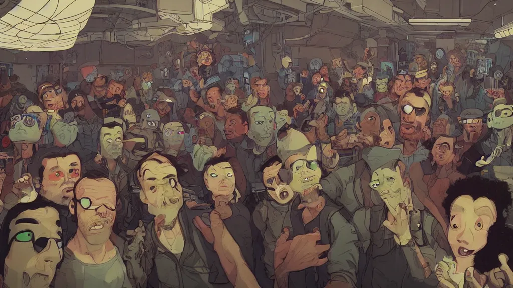 Prompt: selfie of a tight group of drunk hackers at a party in a highly detailed server room in a scifi movie, retrofuturism, by jamie hewlett, nuri iyem, james gurney, james jean, greg rutkowski, anato finnstark. pixar. hyper detailed, wide angle, perfect faces
