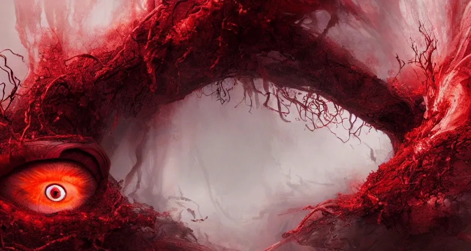 Prompt: a volcano made of ivory vines and crimson rocks enters in eruption, it spits a smoke in the shape of demonic eye, by ryohei hase