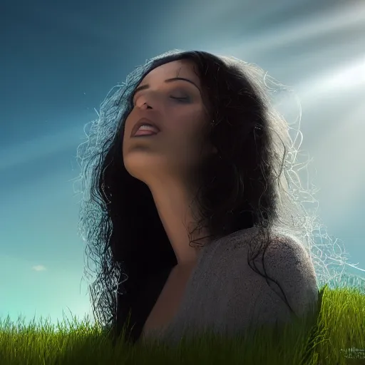 Image similar to silhouette of woman with flowing hair overlooking an expansive green hillside while leaves and a blue-yellow sky beam, extremely moody lighting, glowing light and shadow, atmospheric, fine art, trending, featured, 8k, photorealistic, complex,symmetrical , 3-point perspective, hyper detailed, unreal engine 5, IMAX quality, cinematic, high resolution, 3D, PBR, path tracing, volumetric lighting, octane render, arnold render