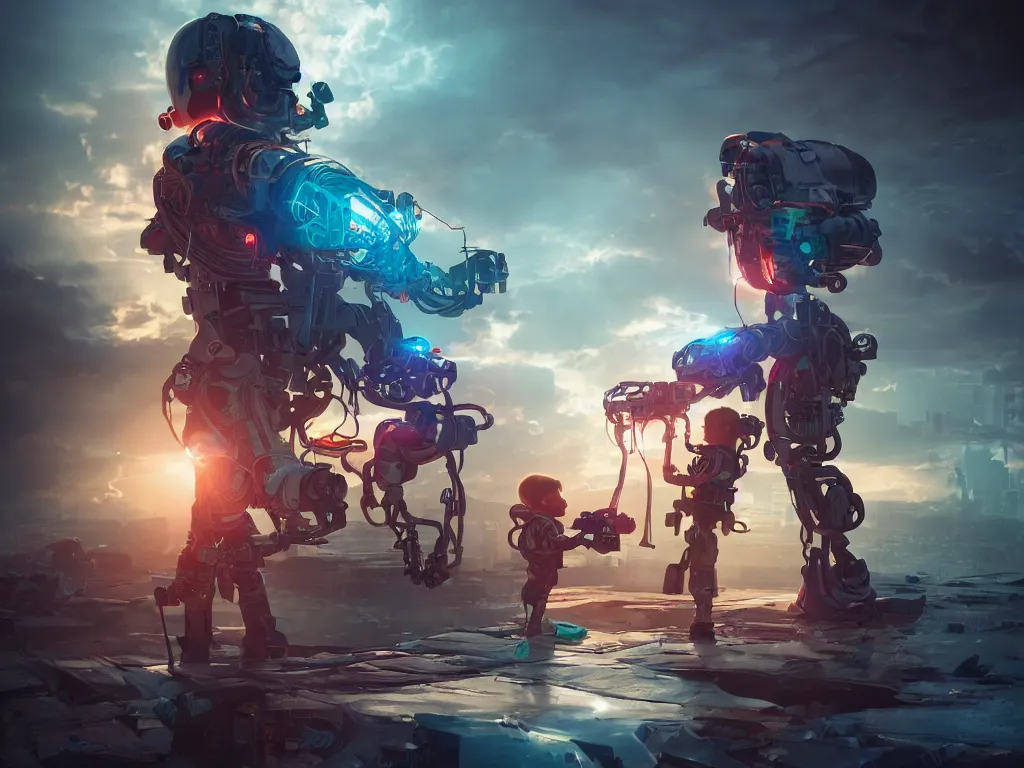 Image similar to A beautiful cyborg baby sitter, collecting books with multiple arms, hyperealistic colourful hdr , beautiful volumetric lighting, epic light, artstation, magic hour lighting, cgi render photorealistic cinematic octane render