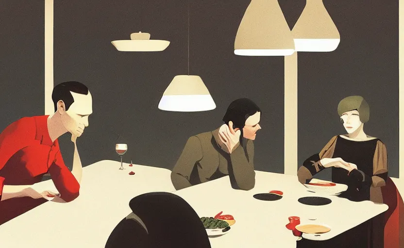 Prompt: an emotional surreal mysterious dinner scene illustration by atey ghailan and escher and edward hopper,