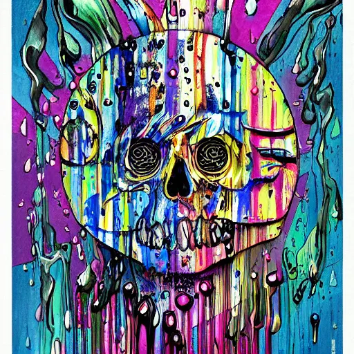 Image similar to drippy, dripping paint, skull, trippy, Miyazaki style, studio ghibli, exaggerated accents