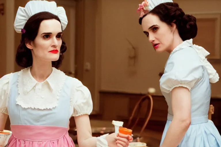 Prompt: mid-shot of Winona Ryder as a maid in the new movie directed by Wes Anderson, symmetrical shot, idiosyncratic, relentlessly detailed, pastel, limited colour palette, detailed face, movie still frame, promotional image, concept art, imax 70 mm footage