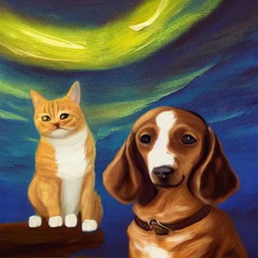 Image similar to A painting of a dog and a cat staring up at the night sky from https://www.artstation.com/smartist