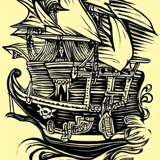 Prompt: A pirate ship tattoo design in the style of Dmitriy Samohin