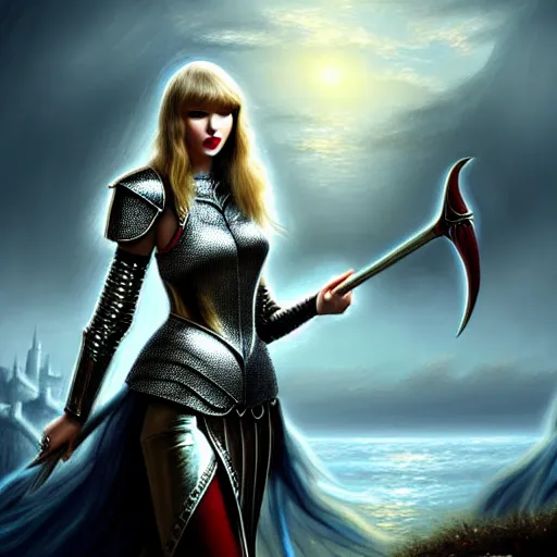 Image similar to the picture of taylor swift in a knight armor, epic fantasy art, mystical, mystic atmosphere, mythology, photo realistic, high detail, ultra realistic, hyper realistic, high definiton, 4 k uhd,