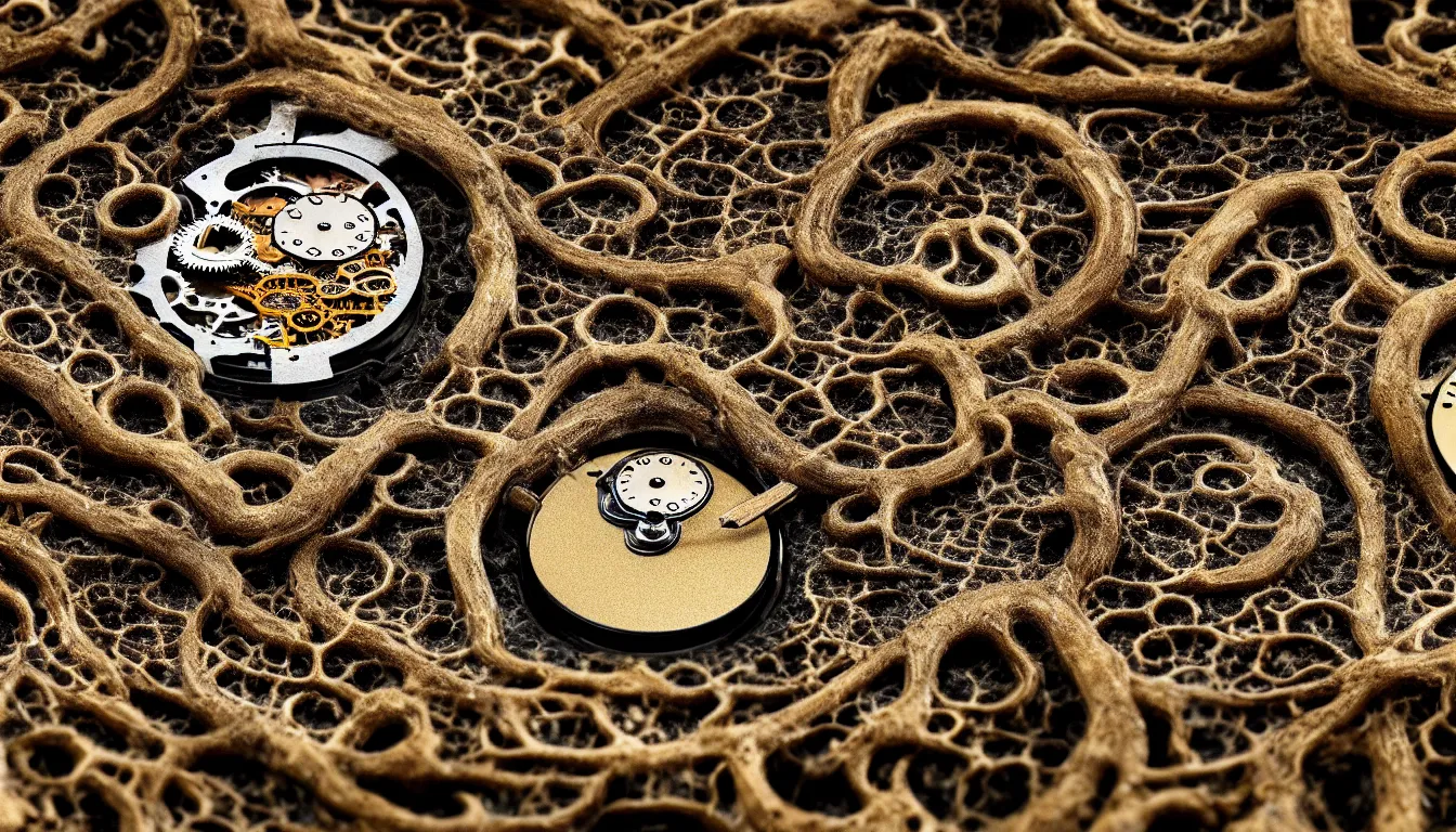 Image similar to detailed view from inside wet ink a clockwork watch bone landscape, entangled roots covered in mushrooms, cracked earth, growing living spore microorganisms, decaying, rusty, hyper realistic photo, full colour, upscale, 8 k