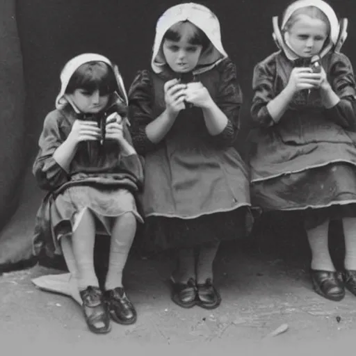 Prompt: vintage photograph of poor victorian orphans on cellphones