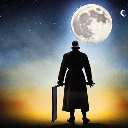 Image similar to movie poster of menacing figure with a cleaver standing in the middle of a road, night, large moon in the sky, by Vasily Barkhatov, excellent composition, dark