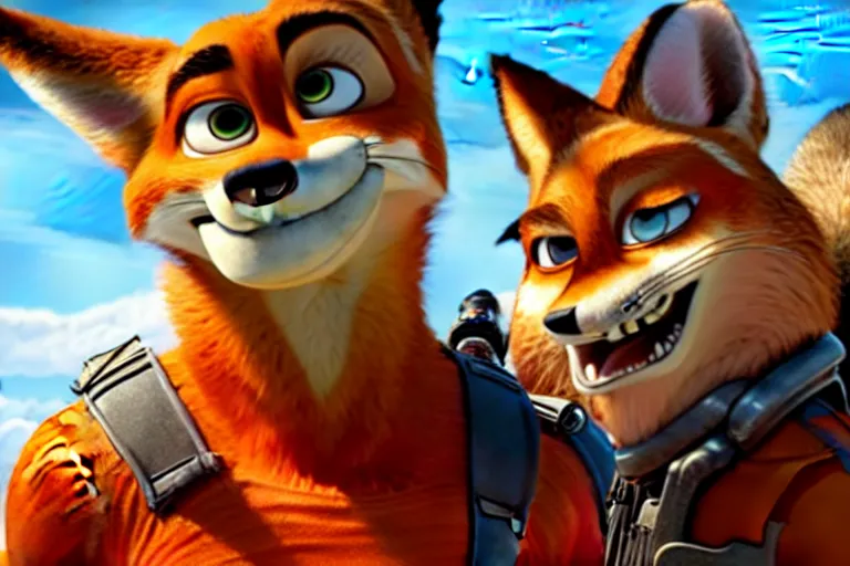 Image similar to nick wilde ( from zootopia ), heavily armed and armored facing down armageddon in a dark and gritty reboot from the makers of mad max : fury road