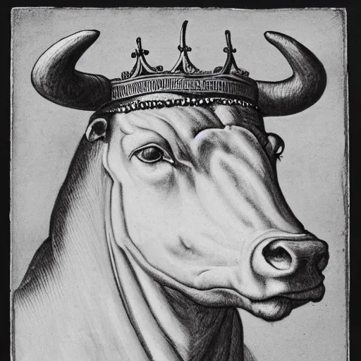 Image similar to a renaissance style portrait of Cattle (Bos taurus) wearing a crown and a cape, dark background