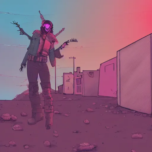 Prompt: a colorful comic noir illustration of a mad max woman in a post-apocalyptic city decaying in the desert, dark vibes, pastel lighting, cinematic, depth of field, 8k, high contrast
