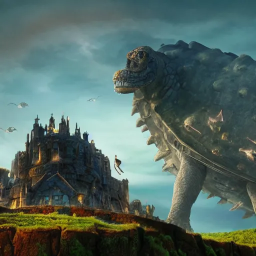 Prompt: large fantasy castle rising from the top of a giant tortoise that is towering over a harsh barren wasteland, centered in frame, howls moving castle, mortal engines, kaiju, distance - shot, fantasy, hyper detailed, 4 k