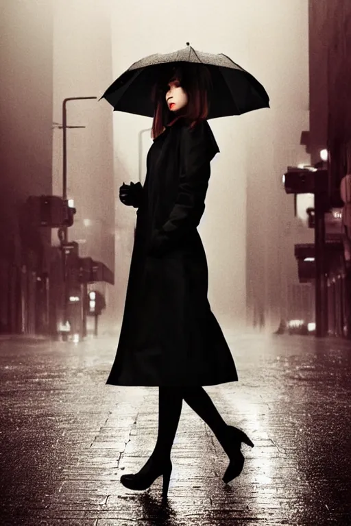 Prompt: highly detailed close-up of a beautiful girl with a very stylish trenchcoat on an empty street at night by Ilya Kuvshinov, black medium length Dutch bob cut hair with straight bangs, heavy rain and mist, streetlights, rich cinematic atmosphere, poster, film noir, depth of field, digital art