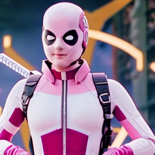 Image similar to A still of Shailene Woodley as Gwenpool in Deadpool 3 (2023), blonde hair with pink highlights, no mask, white and light-pink outfit