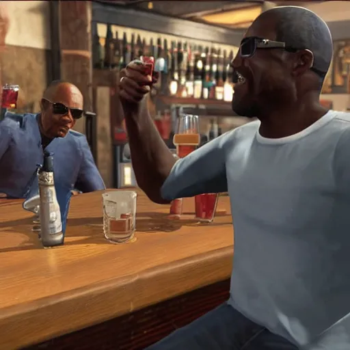 Prompt: Trevor Phillips GTA Wiki drinking a beer in a pub with Black Panther in GTA 5, photorealistic, light rays, masterpiece