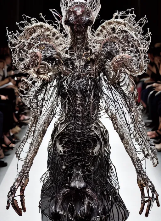 Image similar to walking down the catwalk, ben watts, show, stage, vogue photo, podium, fashion show photo, historical baroque dress dark, iris van herpen, beautiful woman, masterpiece, intricate, biopunk, vogue, full body shot, alien, plant predator, guyver, jellyfish, white biomechanical details, highly detailed