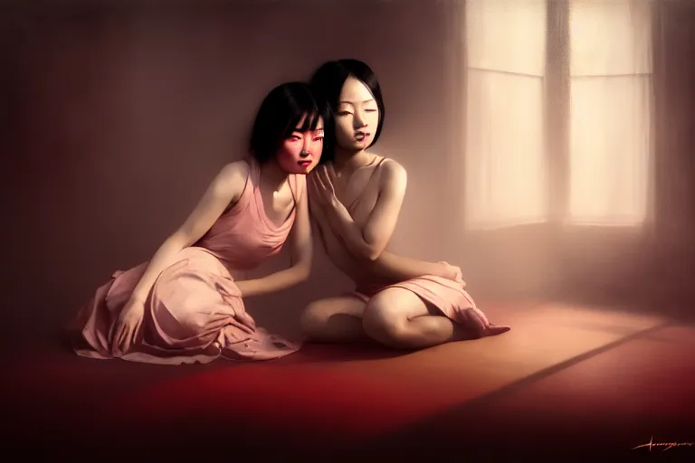 Prompt: happy Asian Girls intertwined, embraced in a hallucinatory surreal dream, soft lighting, dark mood, John Singer Sargant, by Bastien Lecouffe-Deharme and Edward Hopper, expressionistic technique of Adrian Ghenie, 4k, 8k, HD