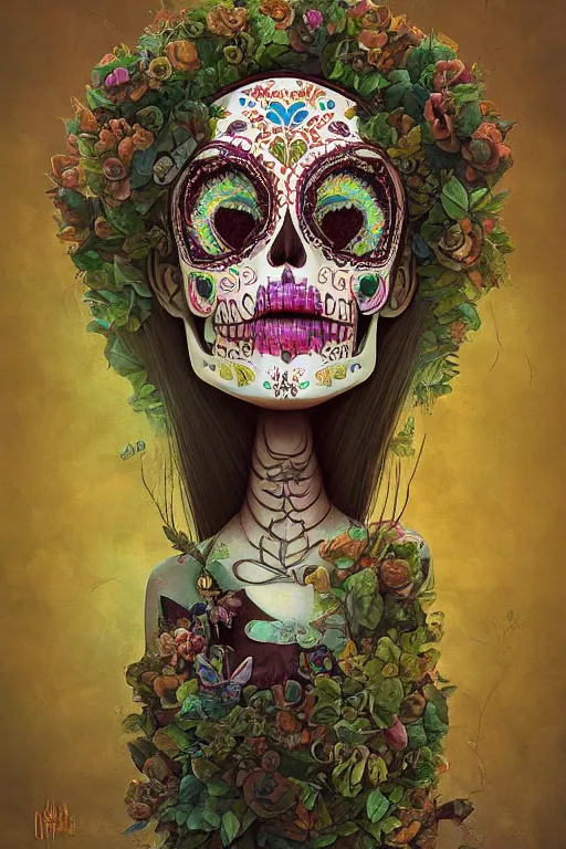 Prompt: illustration of a sugar skull day of the dead girl, art by gediminas pranckevicius