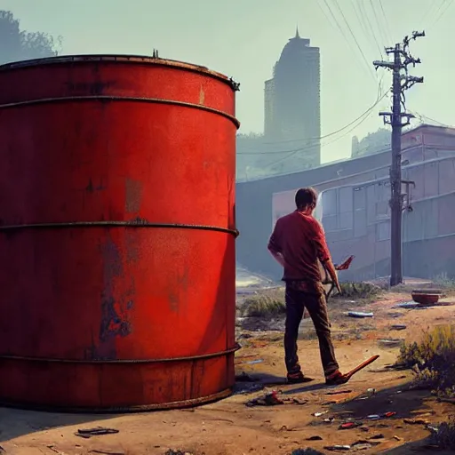 Prompt: huge pack of dynamite on a red rusty oil - drum in gta v, stephen bliss, unreal engine, fantasy art by greg rutkowski, loish, rhads, ferdinand knab, makoto shinkai and lois van baarle, ilya kuvshinov, rossdraws, tom bagshaw, global illumination, detailed and intricate environment