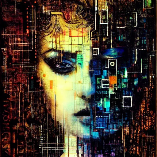 Prompt: portrait of a youthful beautiful women, mysterious, glitch effects over the eyes, sorrow, crying, br, by Guy Denning, by Johannes Itten, by Russ Mills, centered, innocent, hacking effects, bright, chromatic, cyberpunk, light, colour blocking, close up, oil on canvas, abstract