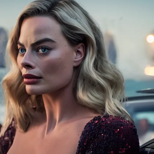 Image similar to Margot Robbie in a Michael Bay movie, cinematic 4k movie still