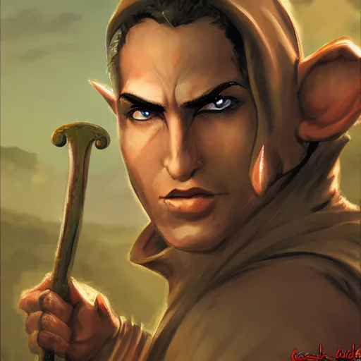 Image similar to Character portrait, face close up: Elf Male Monk/Ranger. Action pose wielding a spear. Shadow and Gloom. In the style of Ralph Horsley