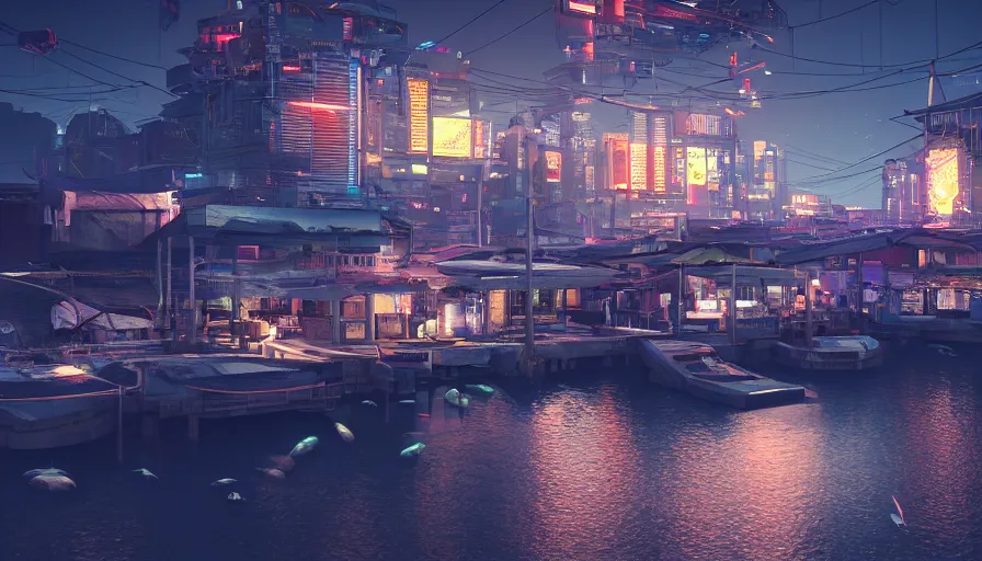 Image similar to night scene of a futuristic cyberpunk fishing village docks , 50mm, beautiful lighting, ultra detailed, 4k, 8k, trending on artstation, octane render, photorealistic, unreal engine 5