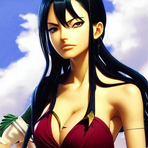 Image similar to highly detailed vfx portrait of nico robin by eiichiro oda!, yusuke murata, greg rutkowski, makoto shinkai, tom bagshaw, alphonse mucha, sharp focus, art by artgerm and stanley kubrick, backlit, harsh overhead sunlight,