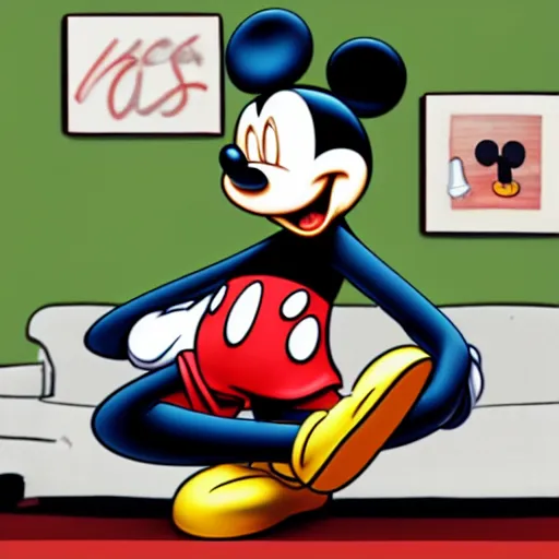 Image similar to mickey mouse with stoned eyes smoking a bong while sitting on a couch, messed apartment, amazing digital art, highly detailed