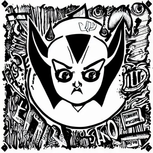 Image similar to cute little satan drawing with big eyes black and white, ink pen, metal music grindcore album cover style, handwriting, metal band name typography