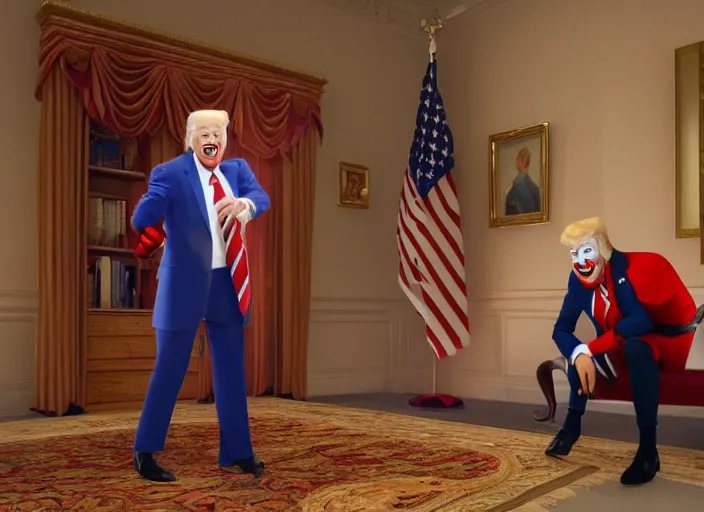 Image similar to Beautiful art portrait of Joe Biden acting as Clown buffoon in the Whitehouse with Donald Trump laughing in the background, unreal 5, DAZ, hyperrealistic, octane render dynamic lighting, vray