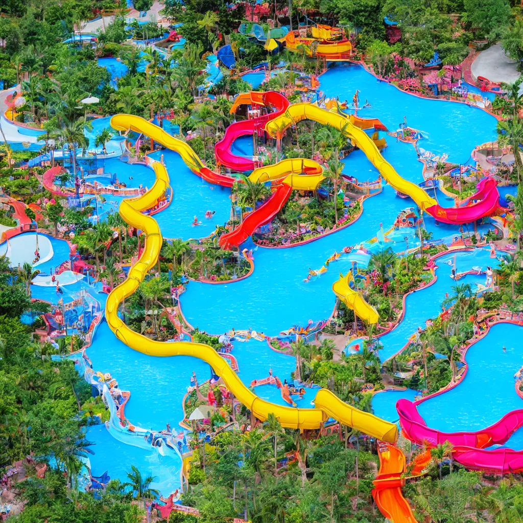 Image similar to colorful water slides with pools of bright blue water, lazy river, birds eye view