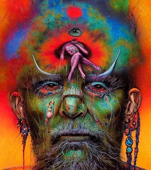 Image similar to Portrait painting in a style of Beksinski mixed with Alex Grey of an old shaman dressed in a colorful traditional clothes. Very psychodelic