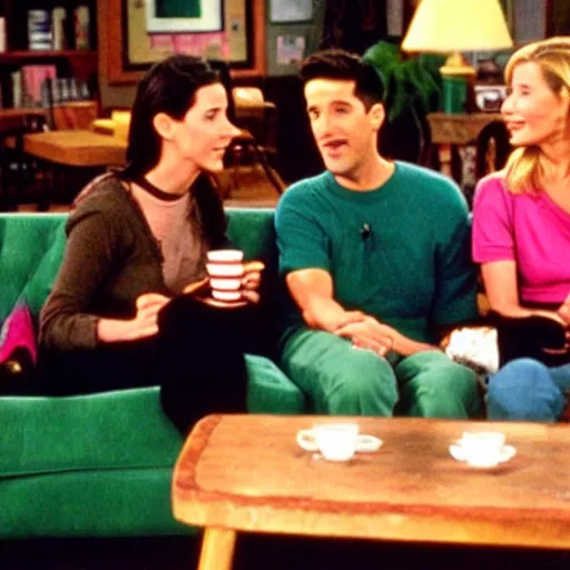 Prompt: still image from friends season 3 coffee shop green couch small cosy new york, by dr. suess
