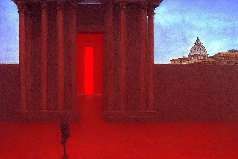 Image similar to only with red, caesar after war, the great deal, a red tiger, in hoc signo vinces, rome in background, an ancient path, in the style of beksinski, part by hopper, part by rodcenko, part by hofbauer, intricate composition, red by caravaggio, insanely quality, highly detailed, masterpiece, red light, artstation