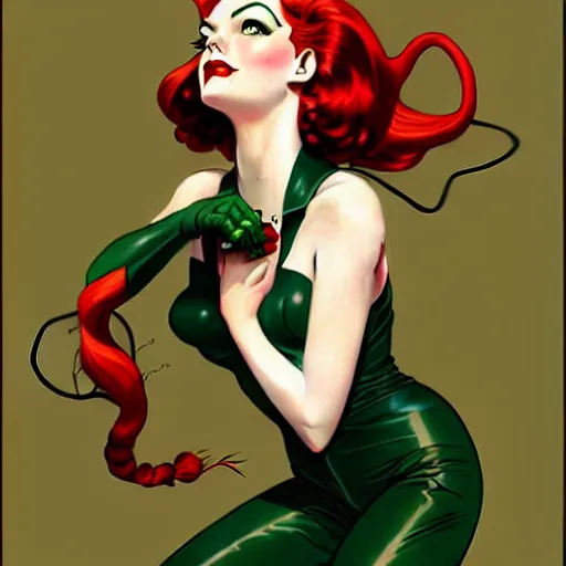 Image similar to joshua middleton, phil noto, norman rockwell, artgerm, 1 9 5 0 s rockabilly emma stone poison ivy dc comics, pompadour, vines, symmetrical eyes, city rooftop