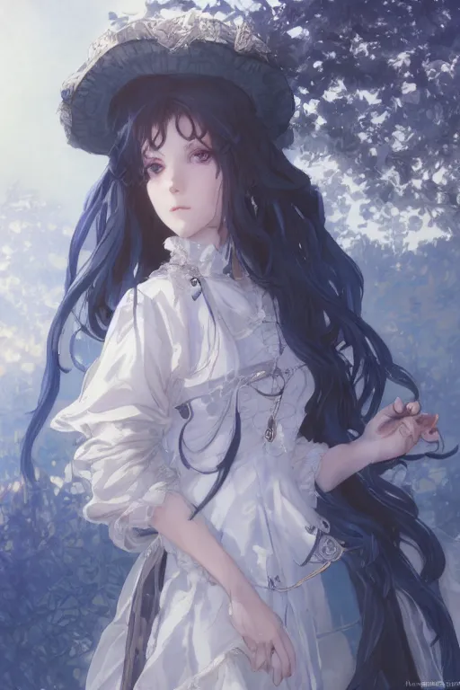 Image similar to a character design of young black lolita dressed girl, grey and blue theme, wavy white long hair by krenz cushart and mucha and akihito yoshida and greg rutkowski, detailed eyes, 4 k resolution