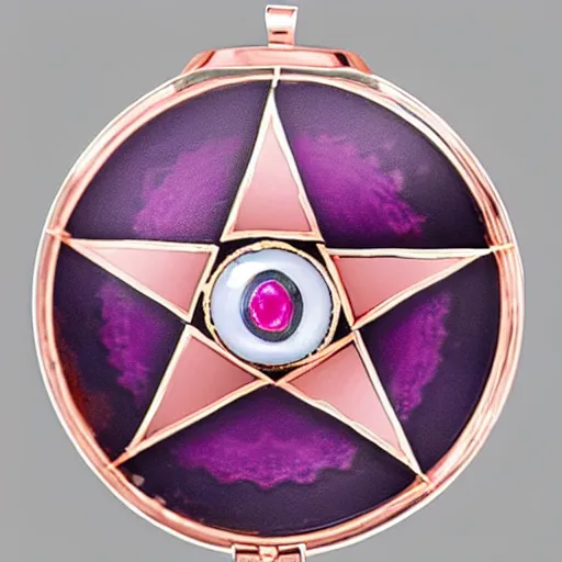 Prompt: a photo of the lid of a vintage circular powder compact with a 14k rose gold inlaid pentagram that has a different colored gem stone at each point, transparent pink basse-taille enamel over guilloché turned engraving and a large, round pink star sapphire cabochon in the middle encircled by a sterling silver heraldic crescent inlay. 18th century.