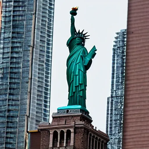 Image similar to photo of the statue of liberty as a taiwanese asian in taipei, copper cladding